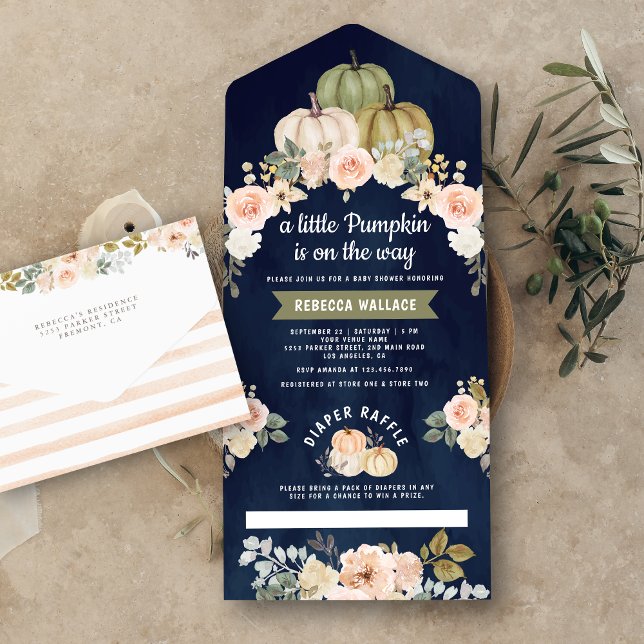 Sage Green Pumpkin Peach Floral Navy Baby Shower All In One Invitation (Creator Uploaded)