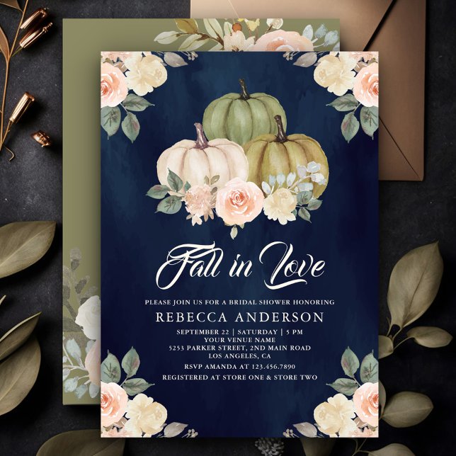 Sage Green Pumpkin Peach Floral Navy Bridal Shower Invitation (Creator Uploaded)