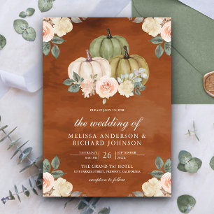 Sage Green Pumpkin Peach Floral Terracotta Wedding Invitation