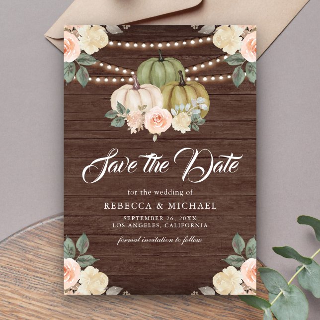 Sage Green Pumpkin Peach Floral Wood Wedding Save The Date (Creator Uploaded)
