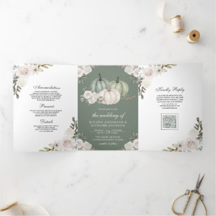 Sage Green Pumpkin White Floral QR Code Wedding Tri-Fold Invitation