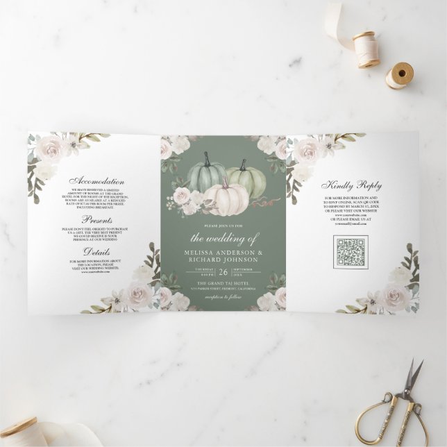 Sage Green Pumpkin White Floral QR Code Wedding Tri-Fold Invitation (Inside)
