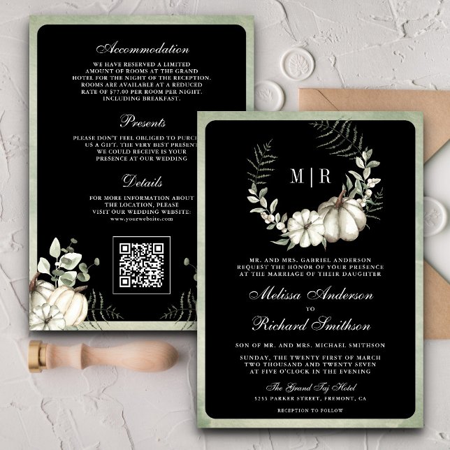 Sage Green Pumpkin Wreath QR Code Black Wedding Invitation (Creator Uploaded)