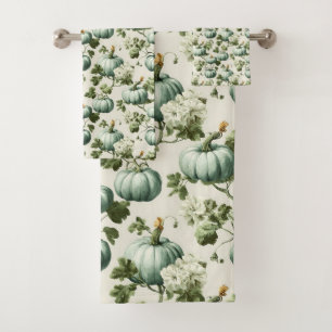 Sage Green Pumpkins & Autumn Florals Bath Towel Set
