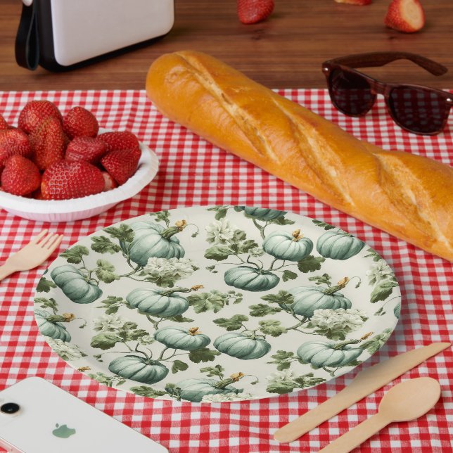 Sage Green Pumpkins & Autumn Florals Paper Plate (Picnic)