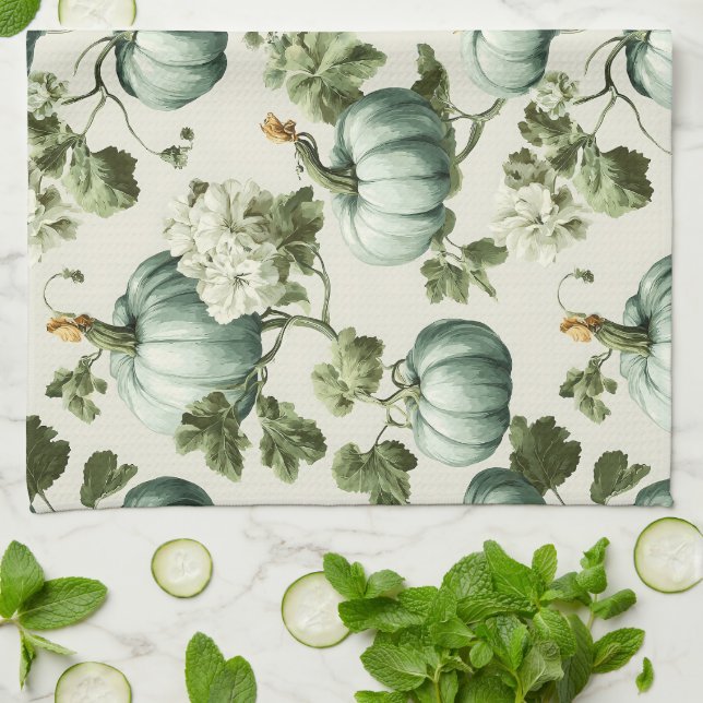 Sage Green Pumpkins & Autumn Florals Tea Towel (Folded)