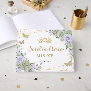 Sage Green Purple Floral Butterflies Quinceanera Guest Book