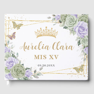Sage Green Purple Floral Butterflies QUINCEAÑERA  Guest Book
