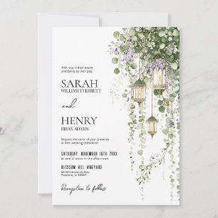 Sage Green Purple Floral Lantern Wedding Invitation