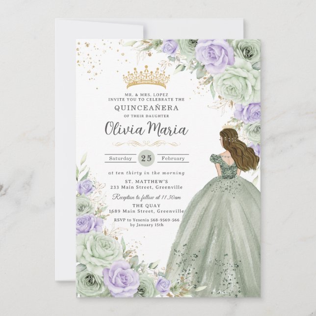 Sage Green Purple Floral Princess Gown Quinceañera Invitation (Front)
