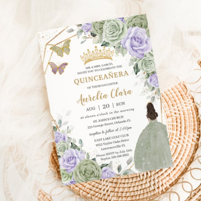 Sage Green Purple Lavender Floral Gold Quinceañera Invitation (sage-green-lavender-purple-floral-girl-doll-gown-dress-invitation-cards-gold-quinceanera-sweet-16)