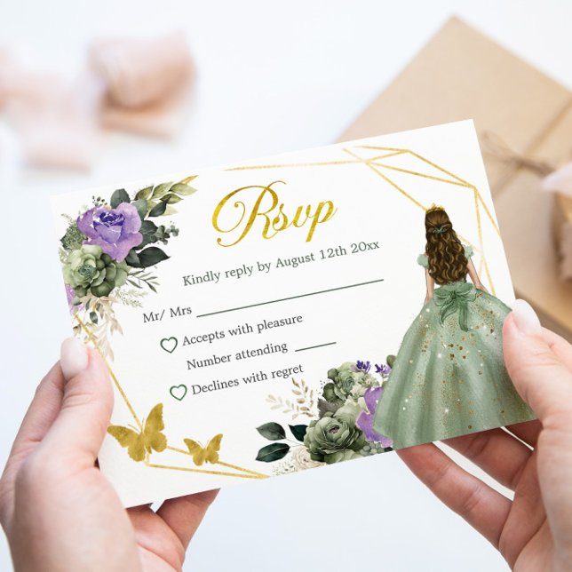 Sage Green Purple Princess Quinceañera RSVP Card (Creator Uploaded)