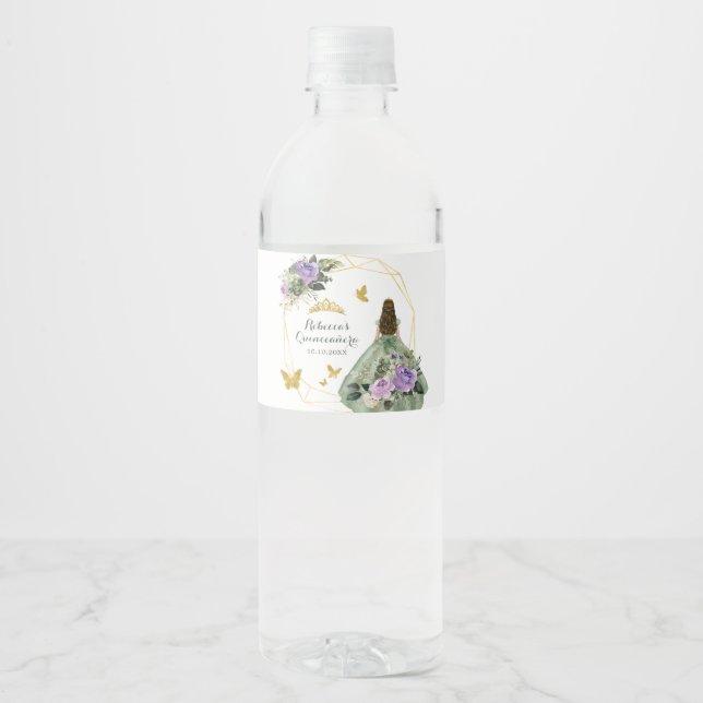 Sage Green Purple Quinceañera Water Bottle Label (Front)