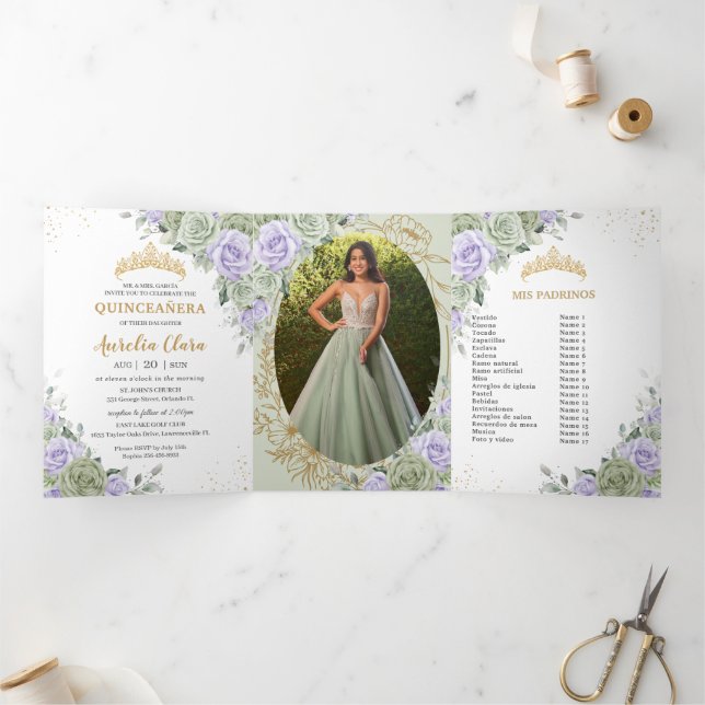 Sage Green Purple Roses Floral Quinceañera Photos Tri-Fold Invitation (Inside)