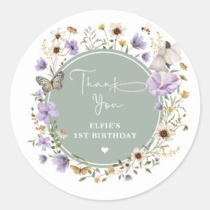 Sage Green Purple Wildflower Fairy First Birthday Classic Round Sticker