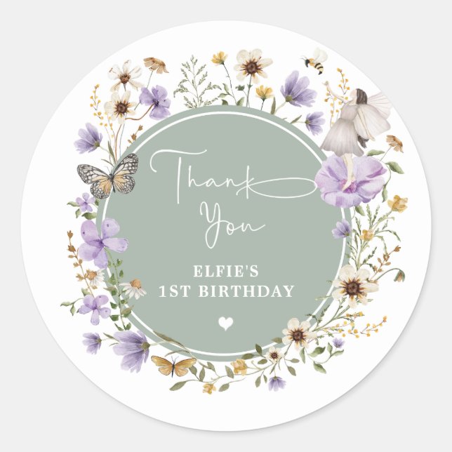 Sage Green Purple Wildflower Fairy First Birthday Classic Round Sticker (Front)