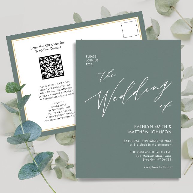 Sage Green QR Code All In One Modern Wedding Invitation Postcard (Creator Uploaded)