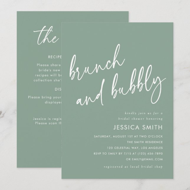 Sage Green QR Code Brunch and Bubbly Bridal Shower Invitation (Front/Back)