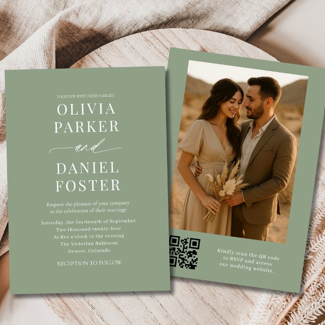 Sage Green QR Code Elegant Photo Wedding Invitation (Creator Uploaded)