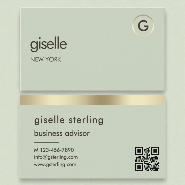Sage Green QR Code Faux Gold Foil Monogram  Business Card (Creator Uploaded)