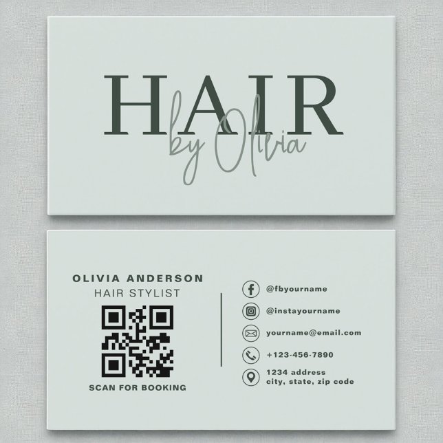 Sage Green QR Code Hair Stylist Modern Business Card (Creator Uploaded)