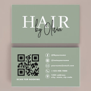 Sage Green QR Code Hair Stylist Modern Typography  Business Card