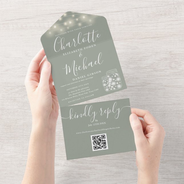 Sage Green QR Code Mason Jar String Lights Wedding All In One Invitation (Tearaway)