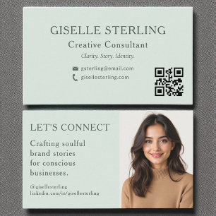 Sage Green QR Code Minimal Professional Photo Business Card