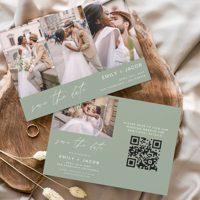 Sage Green QR Code Modern Save the Date 4 Photo (Creator Uploaded)