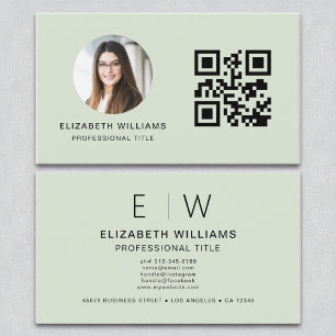 Sage Green QR Code Photo Monogram Minimalist Business Card