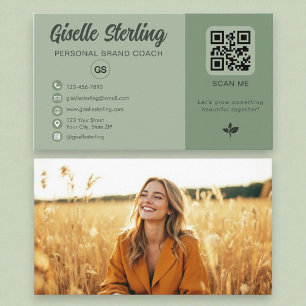 Sage Green QR Code Photo Monogram Social Media Business Card
