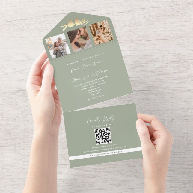 Sage Green QR Code Photo Wedding All In One Invitation (Tearaway)