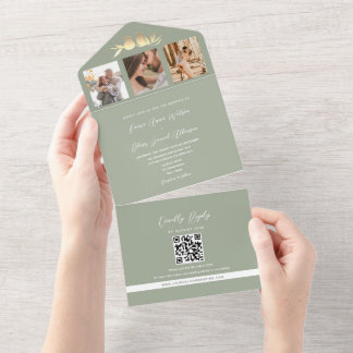 Sage Green QR Code Photo Wedding All In One Invitation