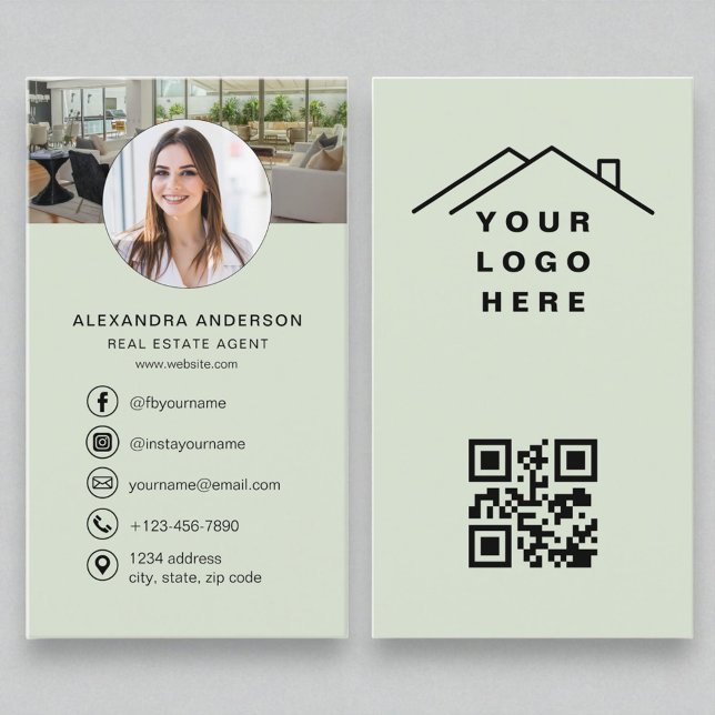 Sage Green QR Code Real Estate Agent Photo Logo Business Card (Creator Uploaded)