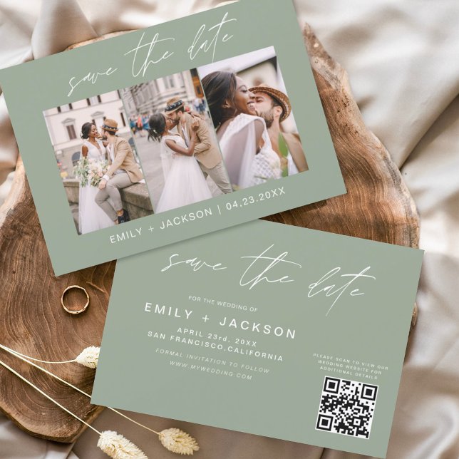 Sage Green QR Code Save the Date  Modern 3 Photo (Creator Uploaded)