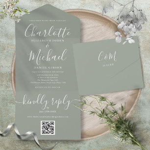 Sage Green QR Code Script Minimalist Wedding All In One Invitation