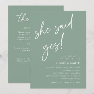 Sage Green QR Code She Said Yes Bridal Shower Invitation