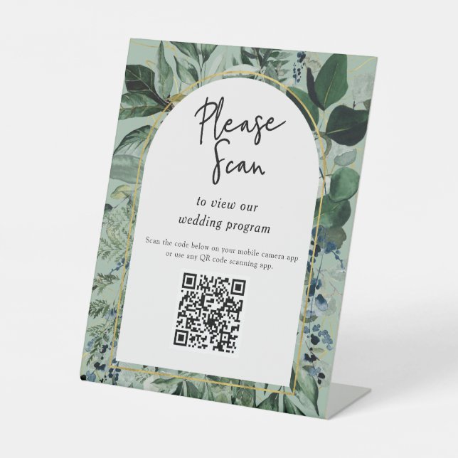 Sage Green, QR code wedding programs greenery Pedestal Sign (Front)