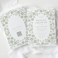 Sage Green QR Code White Folk Floral Bridal Shower