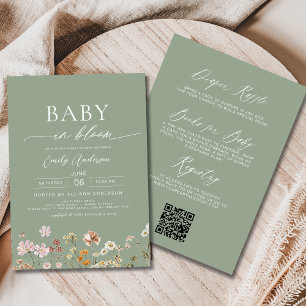 Sage Green QR Code Wildflower Baby in Bloom Invitation