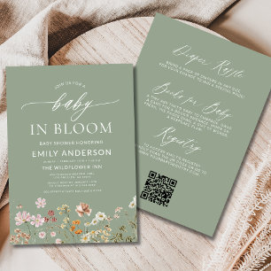 Sage Green QR Code Wildflower Baby in Bloom Invitation