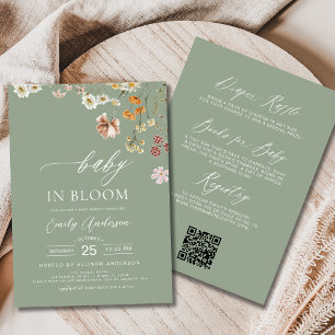 Sage Green QR Code Wildflower Baby in Bloom  Invitation