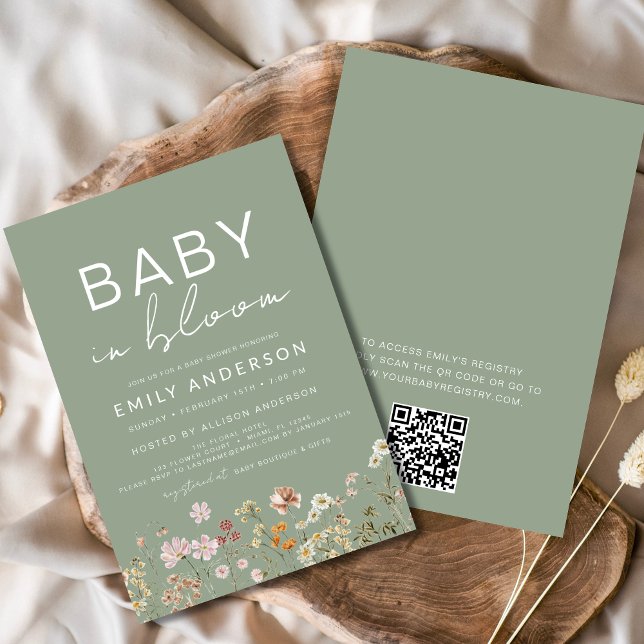 Sage Green QR Code Wildflower Baby in Bloom Shower Invitation (Creator Uploaded)