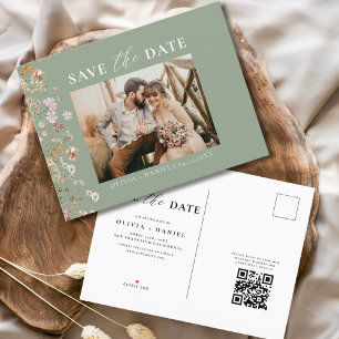 Sage Green QR Code Wildflower Floral Wedding Announcement Postcard