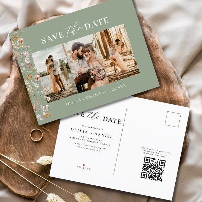 Sage Green QR Code Wildflower Floral Wedding Announcement Postcard (Creator Uploaded)