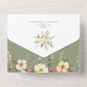 Sage Green QR RSVP Floral Gold Foil Winter Wedding All In One Invitation