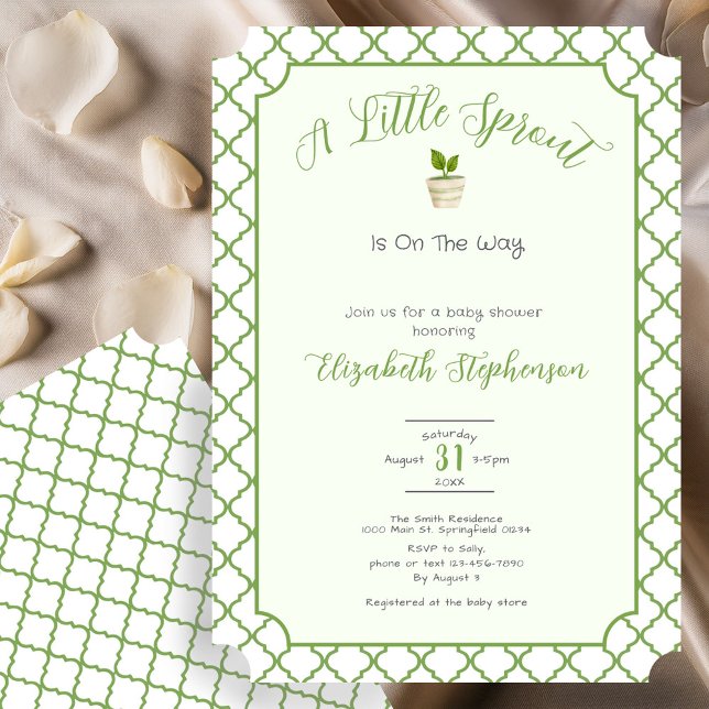 Sage Green Quatrefoil Little Sprout Baby Shower Invitation (Creator Uploaded)