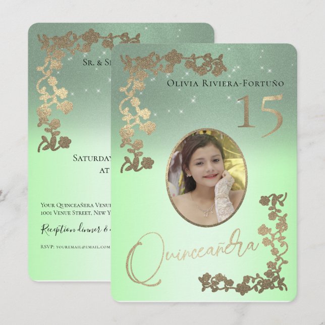 Sage Green Quince Gold Glitter Photo Quinceanera Invitation (Front/Back)