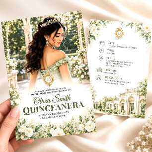 Sage Green Quinceanera Floral 15th Birthday Invitation