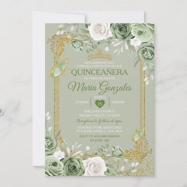 Sage Green Quinceañera Gold Crown Butterfly Invitation (Front)